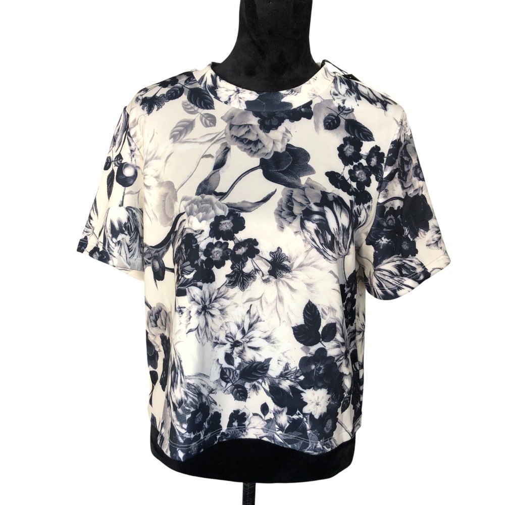 T‎ Tahari Navy Floral Short-Sleeve Top As Seen on Today's Show $68 NWT Sz L
